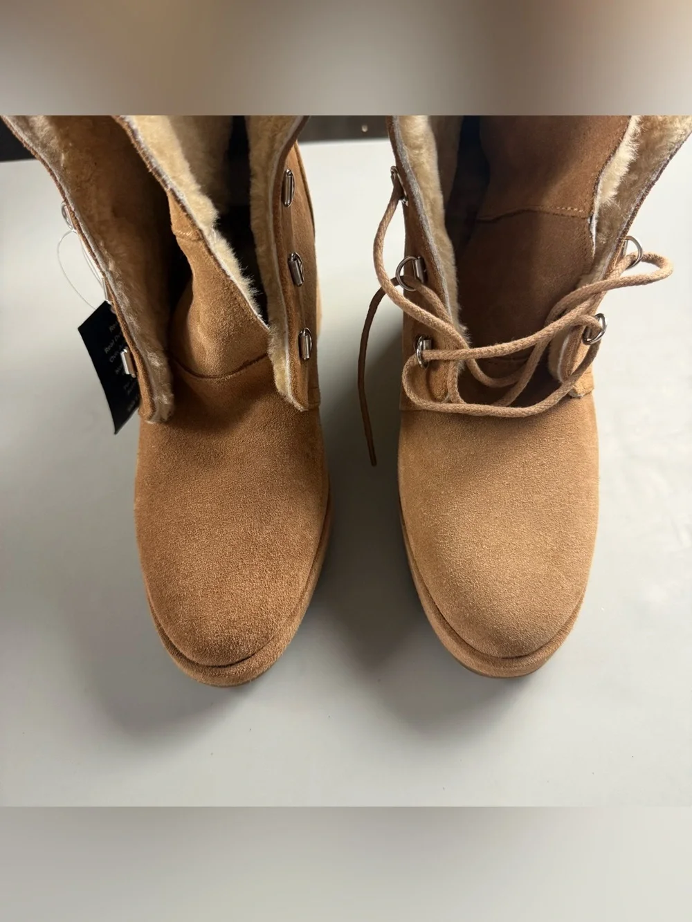 Aquatalia Shearling Lined Suede Wedge Ankle Boots Tan Size 9 Made in Italy